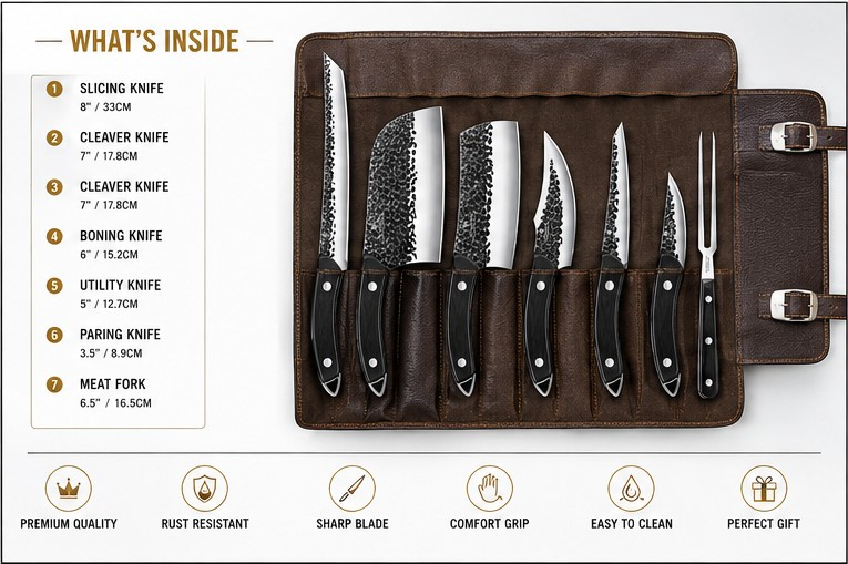 Premium Damascus Steel Chef Knife Set Of 7 Pcs | Damascus Tools