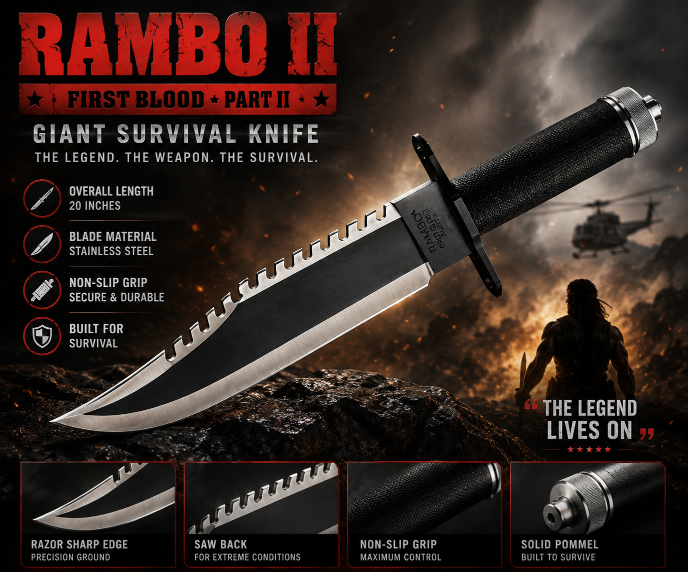 Rambo Tactical Survival Knife – Heavy Duty Outdoor & Camping Knife