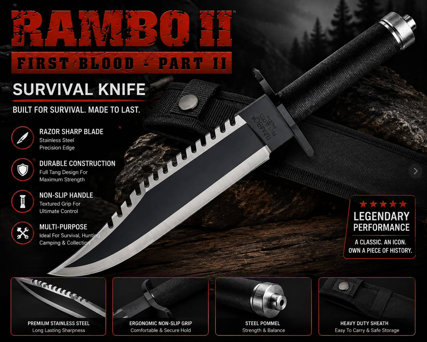 Rambo Tactical Survival Knife – Heavy Duty Outdoor & Camping Knife